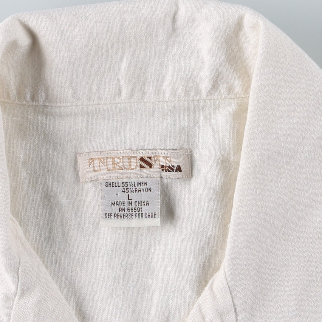TRUST Short-Sleeve Open-Collar Rayon x Linen Box Shirt (Men's Size L) linen white type Vintage Second Hand
