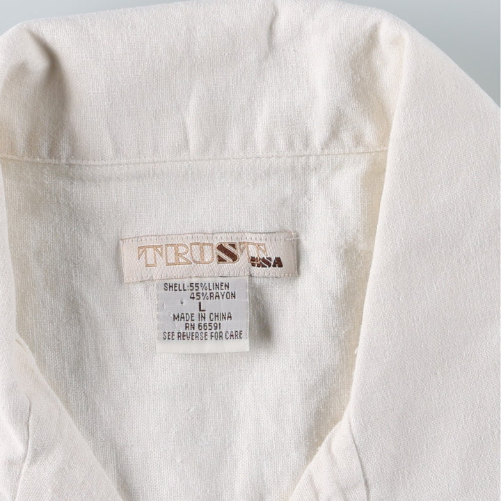 TRUST Short-Sleeve Open-Collar Rayon x Linen Box Shirt (Men's Size L) linen white type Vintage Second Hand