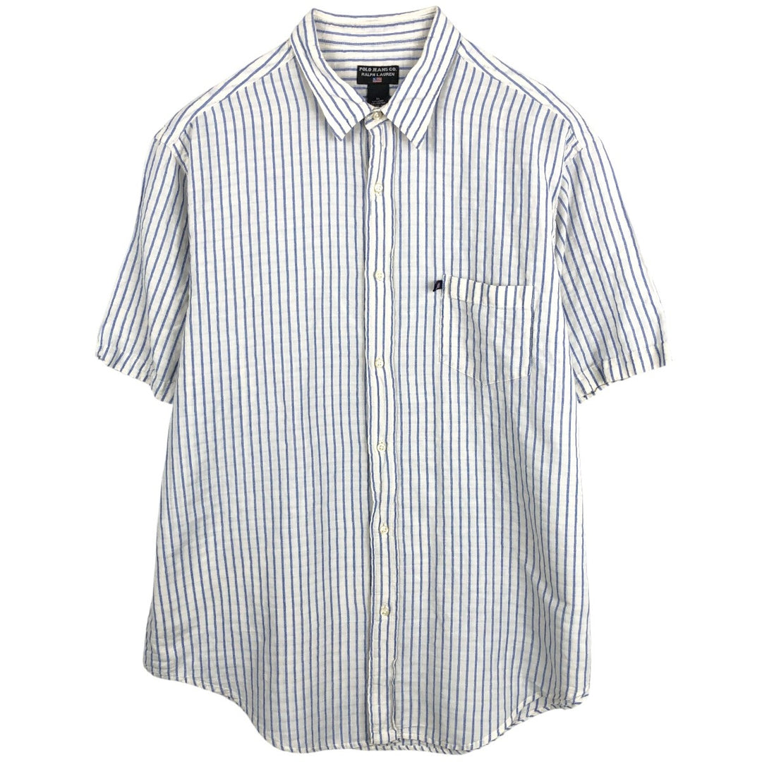 Ralph Lauren POLO JEANS COMPANY Stripe Pattern Short-Sleeve Linen x Cotton Shirt, Men's Size XL (approx.) linen blue type Vintage Second Hand