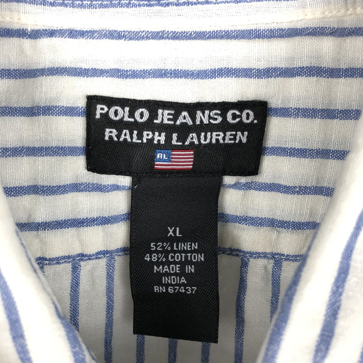 Ralph Lauren POLO JEANS COMPANY Stripe Pattern Short-Sleeve Linen x Cotton Shirt, Men's Size XL (approx.) linen blue type Vintage Second Hand