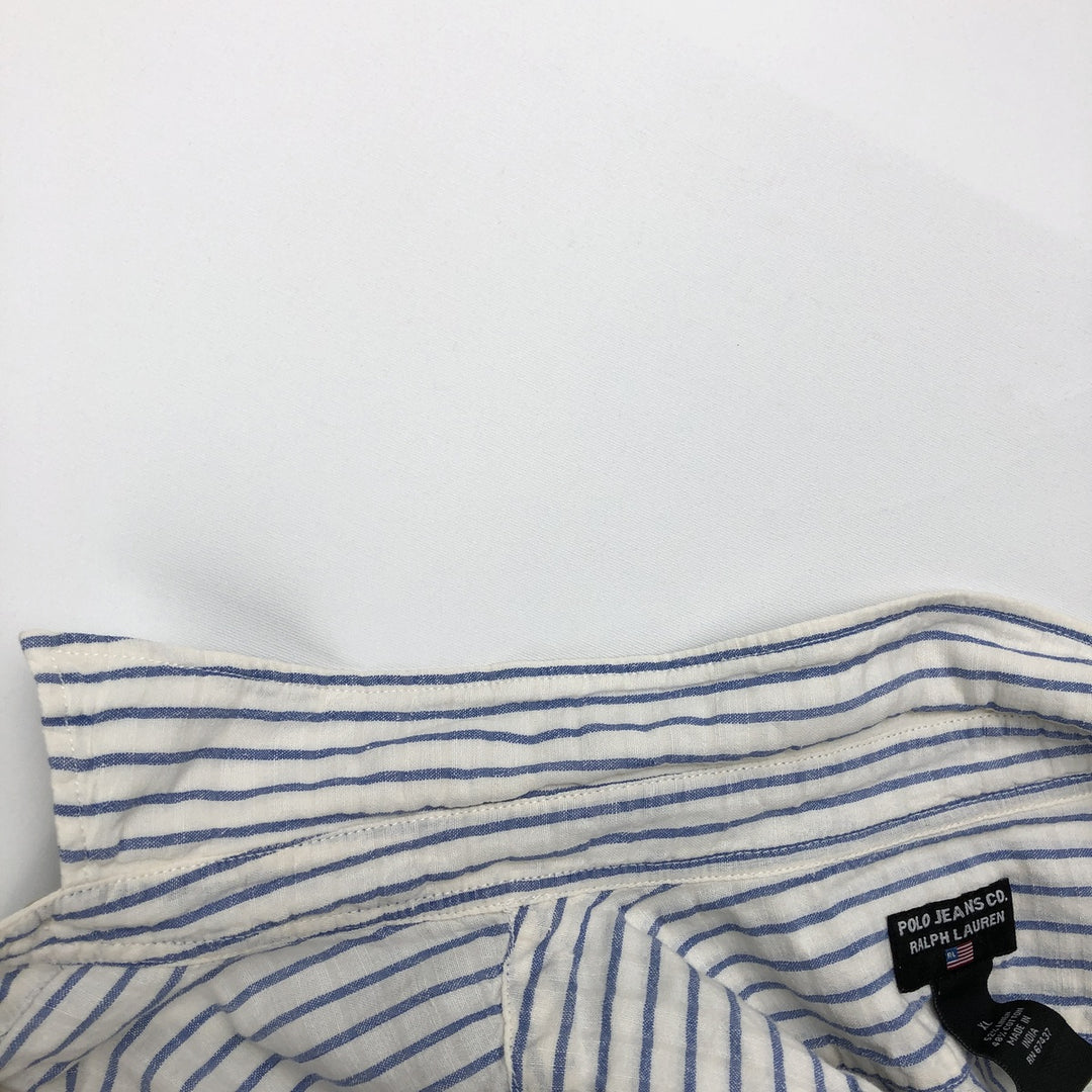 Ralph Lauren POLO JEANS COMPANY Stripe Pattern Short-Sleeve Linen x Cotton Shirt, Men's Size XL (approx.) linen blue type Vintage Second Hand