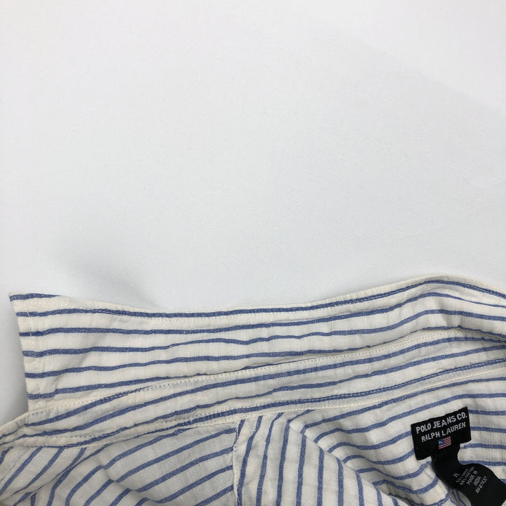 Ralph Lauren POLO JEANS COMPANY Stripe Pattern Short-Sleeve Linen x Cotton Shirt, Men's Size XL (approx.) linen blue type Vintage Second Hand