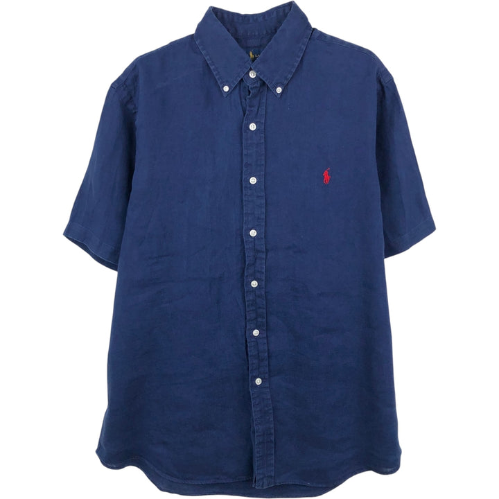 Ralph Lauren short-sleeved linen shirt, men's size L (approx.) linen navy blue type Vintage Second Hand