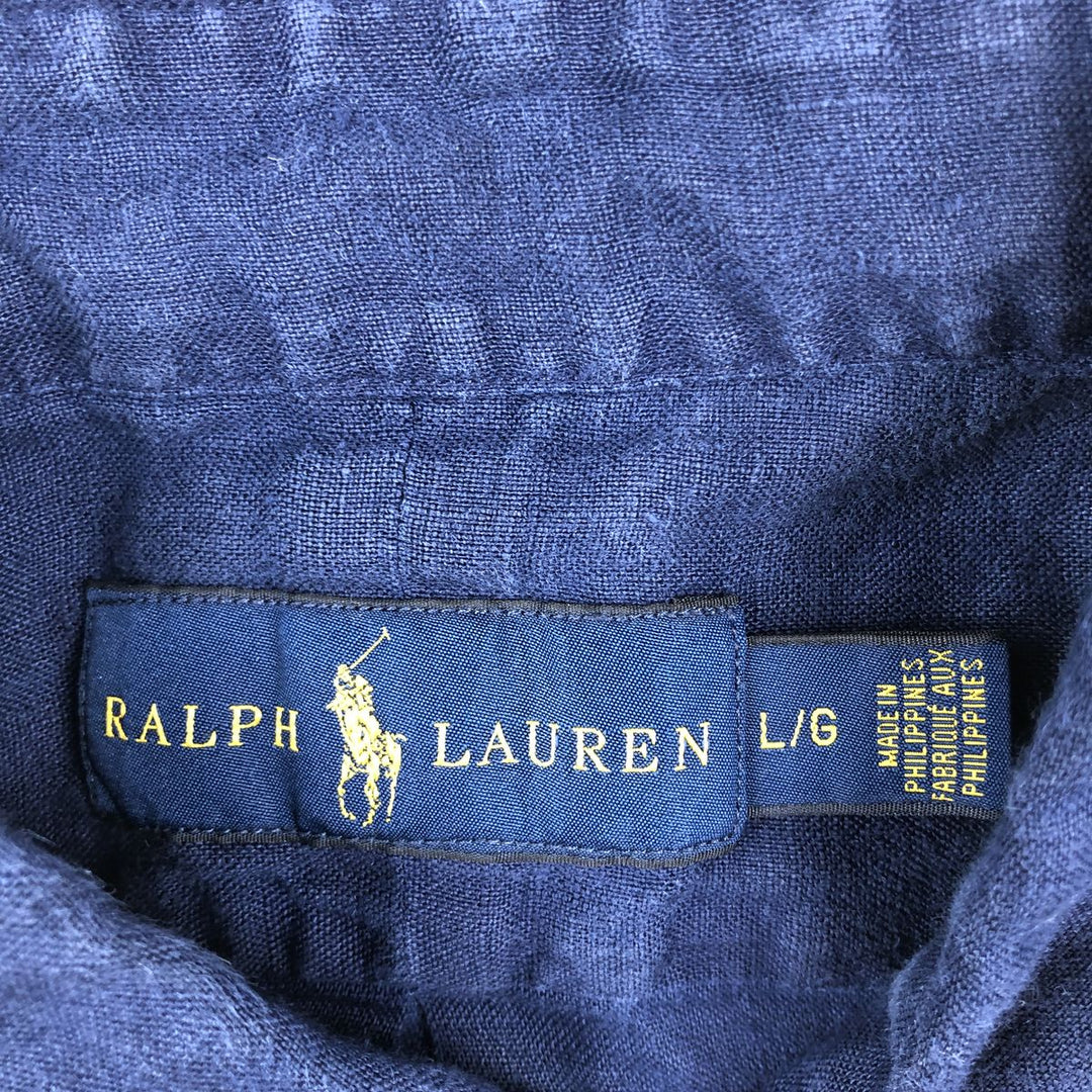 Ralph Lauren short-sleeved linen shirt, men's size L (approx.) linen navy blue type Vintage Second Hand