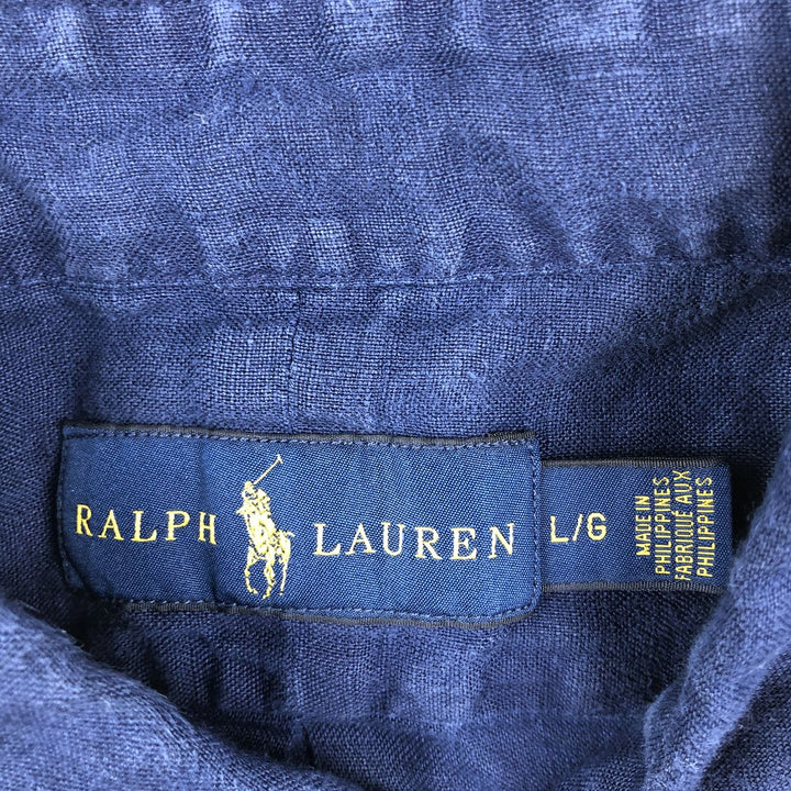 Ralph Lauren short-sleeved linen shirt, men's size L (approx.) linen navy blue type Vintage Second Hand