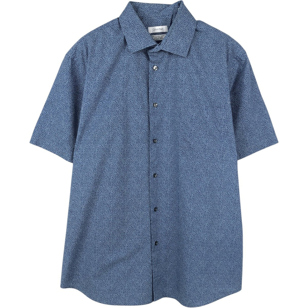 Calvin Klein all-over print wide collar short-sleeved cotton shirt, men's size L (approx.) cotton navy blue type Vintage Second Hand