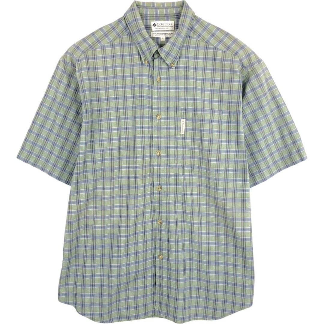 90s-00'S Columbia Short Sleeve Button-Down Check Shirt, Men's Size L cotton Khaki type sage green Vintage Second Hand