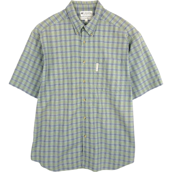 90s-00'S Columbia Short Sleeve Button-Down Check Shirt, Men's Size L cotton Khaki type sage green Vintage Second Hand