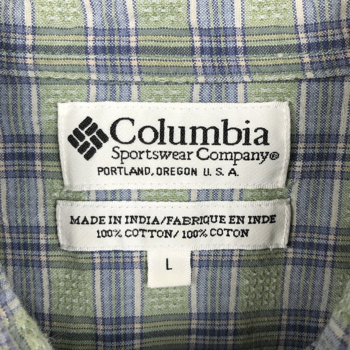90s-00'S Columbia Short Sleeve Button-Down Check Shirt, Men's Size L cotton Khaki type sage green Vintage Second Hand