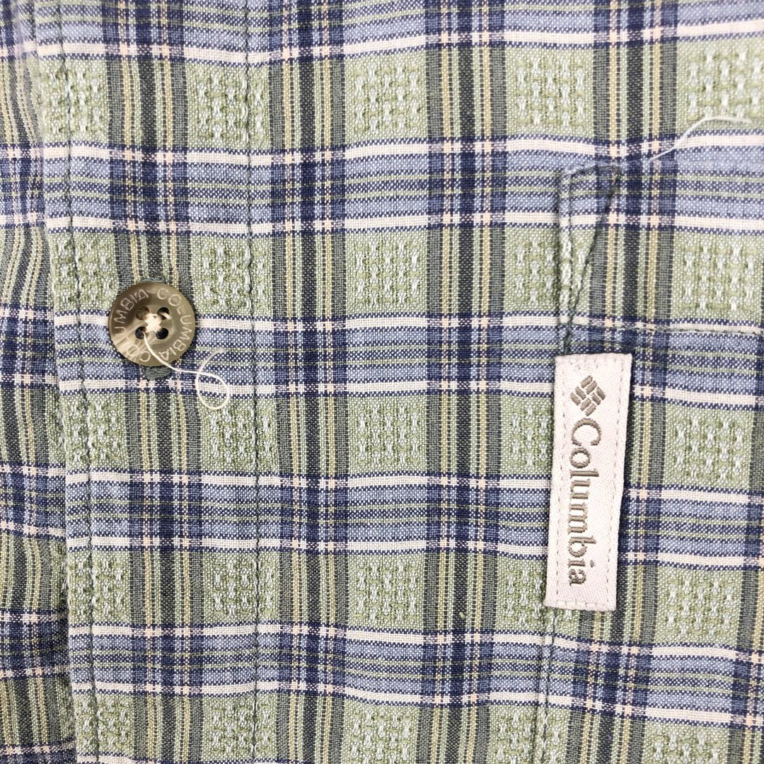 90s-00'S Columbia Short Sleeve Button-Down Check Shirt, Men's Size L cotton Khaki type sage green Vintage Second Hand