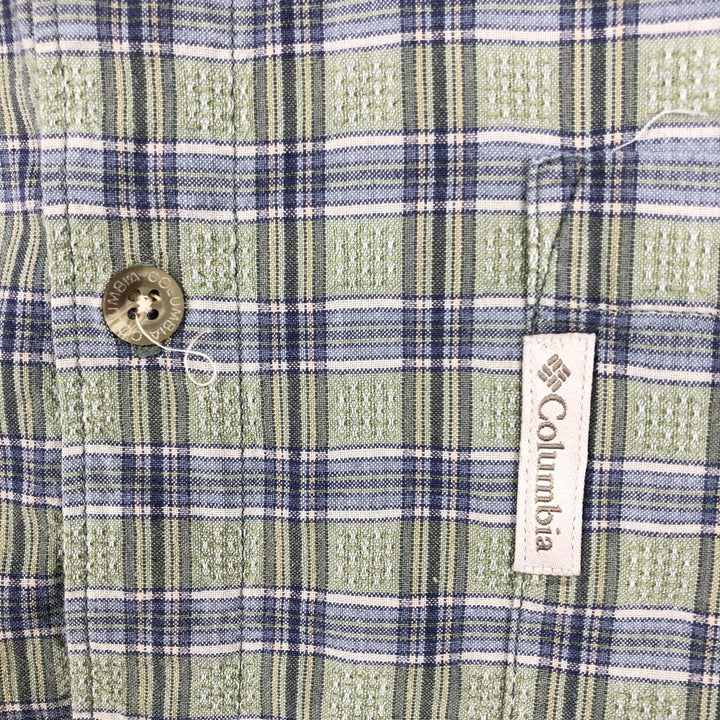 90s-00'S Columbia Short Sleeve Button-Down Check Shirt, Men's Size L cotton Khaki type sage green Vintage Second Hand