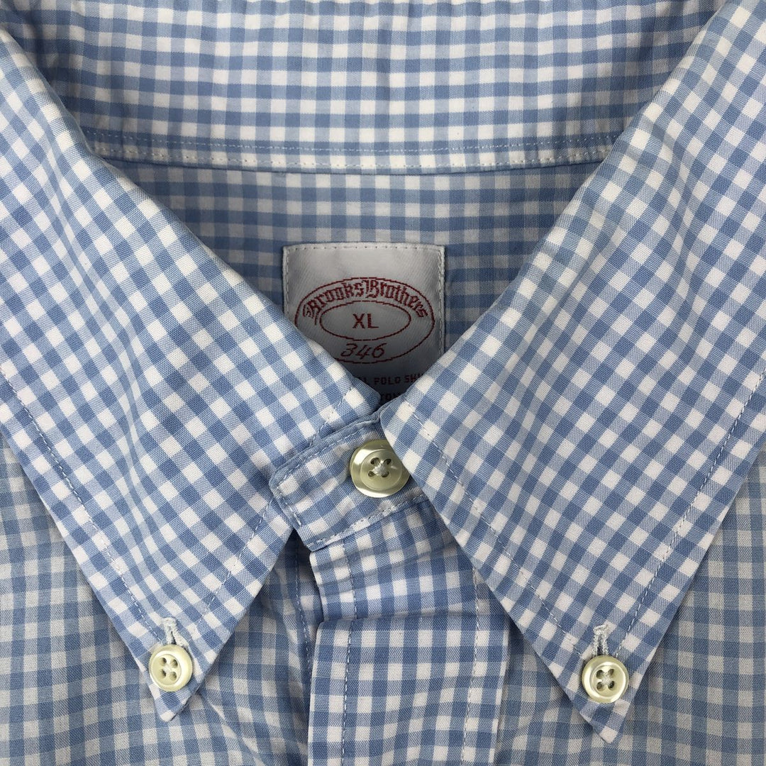Brooks Brothers 346 Gingham Check Short-Sleeve Button-Down Check Shirt, Men's Size XL (approx.) cotton Blue type light blue Vintage Second Hand