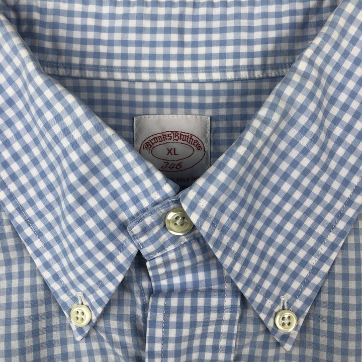 Brooks Brothers 346 Gingham Check Short-Sleeve Button-Down Check Shirt, Men's Size XL (approx.) cotton Blue type light blue Vintage Second Hand