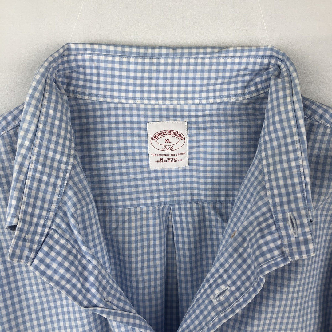 Brooks Brothers 346 Gingham Check Short-Sleeve Button-Down Check Shirt, Men's Size XL (approx.) cotton Blue type light blue Vintage Second Hand