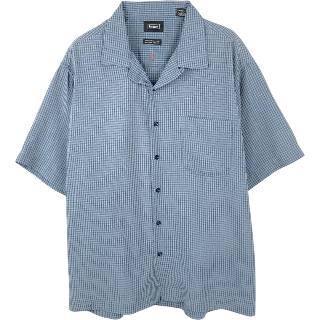 Haggar Performance Wear Check Pattern Short-Sleeve Open Collar Rayon Shirt Box Shirt Men's Size L Rayon blue type Vintage Second Hand