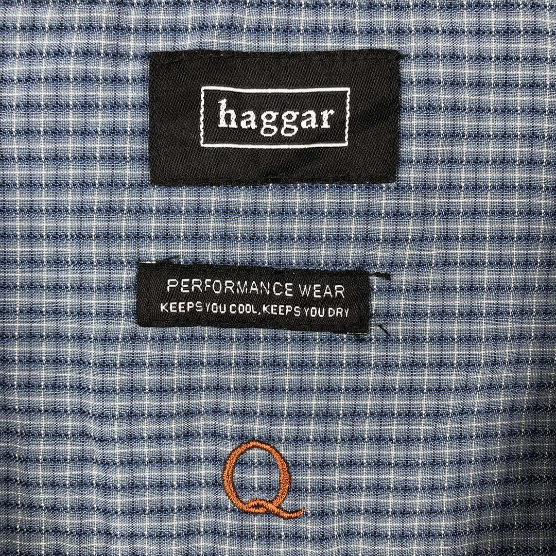 Haggar Performance Wear Check Pattern Short-Sleeve Open Collar Rayon Shirt Box Shirt Men's Size L Rayon blue type Vintage Second Hand