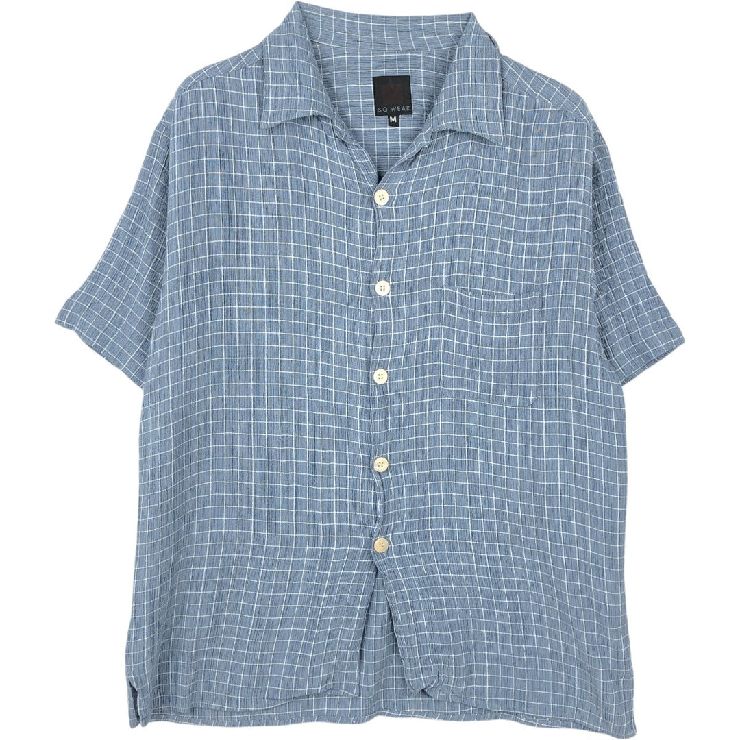 SQ WEAR Check Pattern Crepe Short-Sleeve Open Collar Rayon Shirt, Boxy Shirt, Made in USA, Men's Size M Rayon blue type Vintage Second Hand