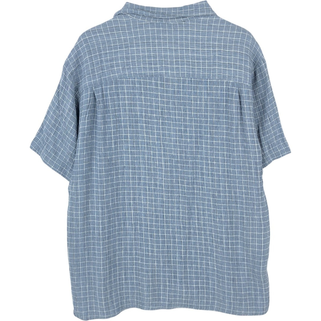 SQ WEAR Check Pattern Crepe Short-Sleeve Open Collar Rayon Shirt, Boxy Shirt, Made in USA, Men's Size M Rayon blue type Vintage Second Hand