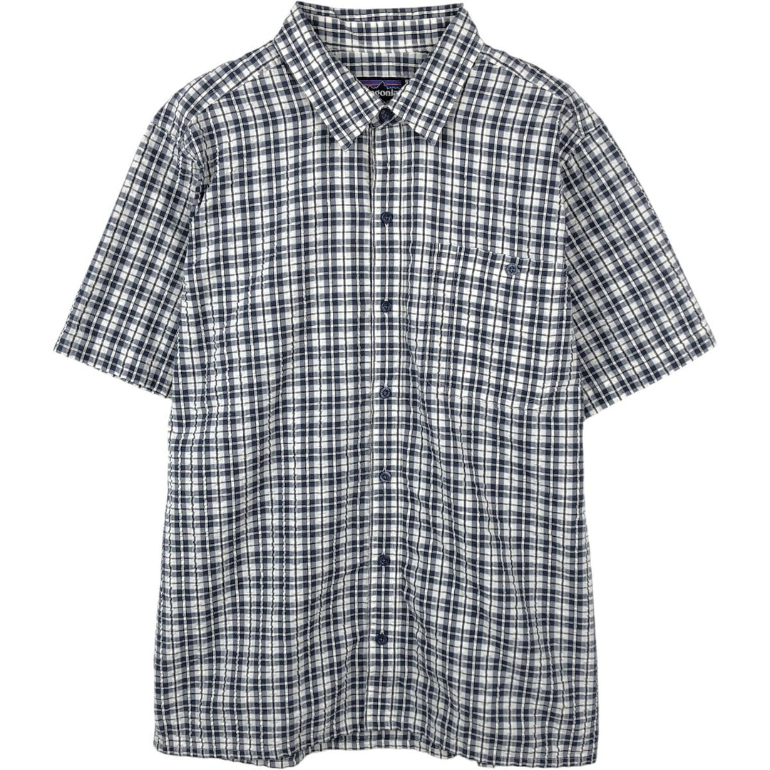 Patagonia 53004SP18 Packerwear Shirt, Seersucker Check Pattern, Short Sleeve Polyester Shirt, Boxy Shirt, Men's Size M (approx.) polyester navy blue type Vintage Second Hand