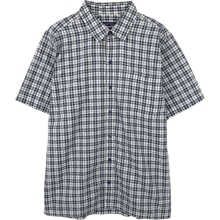 Patagonia 53004SP18 Packerwear Shirt, Seersucker Check Pattern, Short Sleeve Polyester Shirt, Boxy Shirt, Men's Size M (approx.) polyester navy blue type Vintage Second Hand