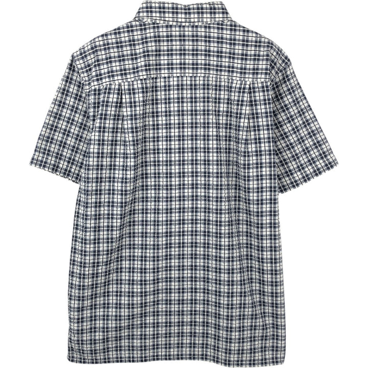 Patagonia 53004SP18 Packerwear Shirt, Seersucker Check Pattern, Short Sleeve Polyester Shirt, Boxy Shirt, Men's Size M (approx.) polyester navy blue type Vintage Second Hand