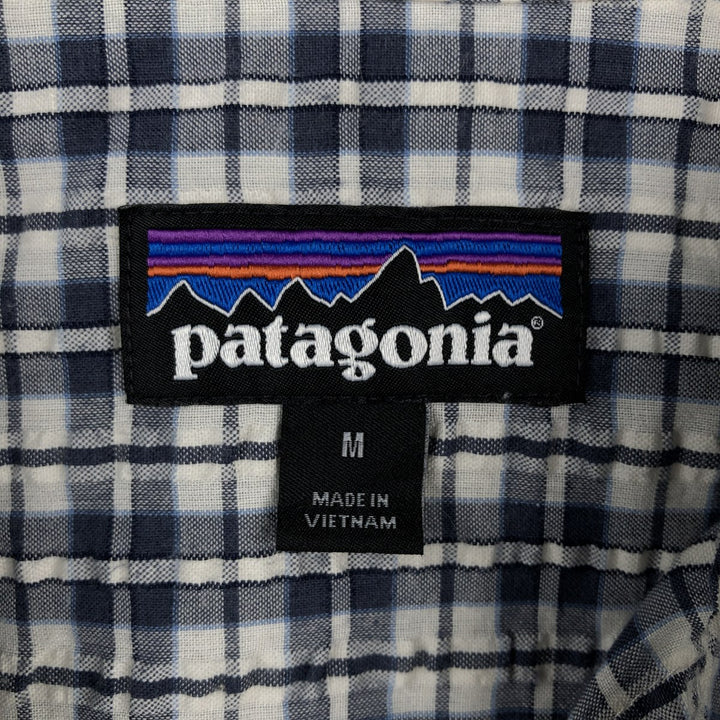 Patagonia 53004SP18 Packerwear Shirt, Seersucker Check Pattern, Short Sleeve Polyester Shirt, Boxy Shirt, Men's Size M (approx.) polyester navy blue type Vintage Second Hand