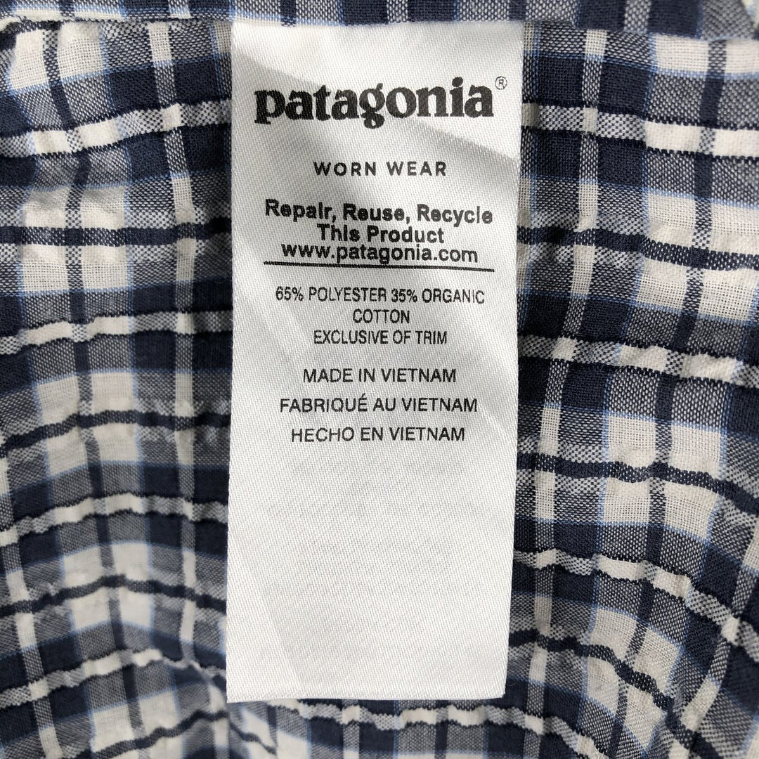 Patagonia 53004SP18 Packerwear Shirt, Seersucker Check Pattern, Short Sleeve Polyester Shirt, Boxy Shirt, Men's Size M (approx.) polyester navy blue type Vintage Second Hand