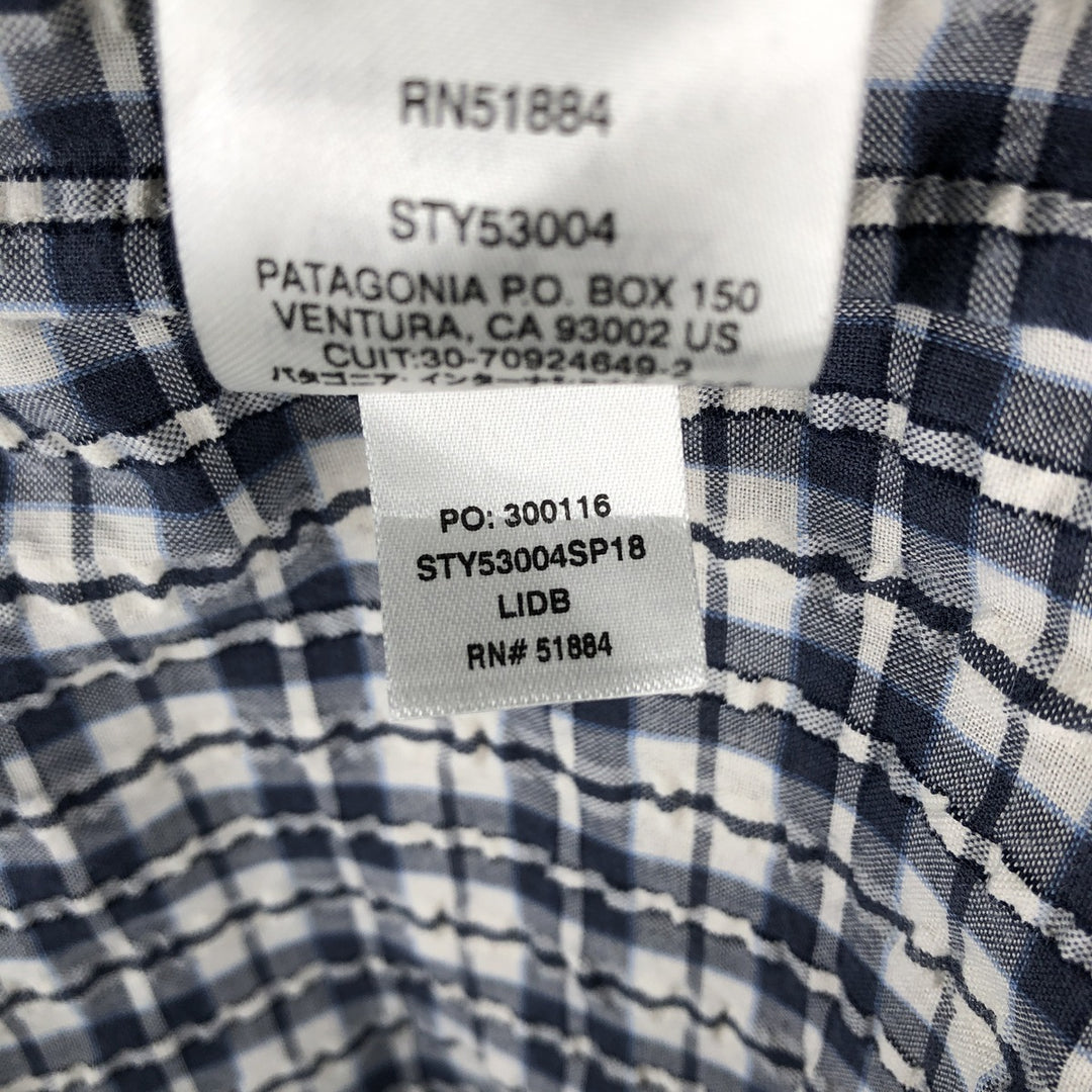 Patagonia 53004SP18 Packerwear Shirt, Seersucker Check Pattern, Short Sleeve Polyester Shirt, Boxy Shirt, Men's Size M (approx.) polyester navy blue type Vintage Second Hand