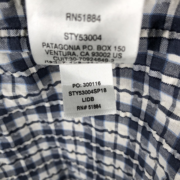 Patagonia 53004SP18 Packerwear Shirt, Seersucker Check Pattern, Short Sleeve Polyester Shirt, Boxy Shirt, Men's Size M (approx.) polyester navy blue type Vintage Second Hand