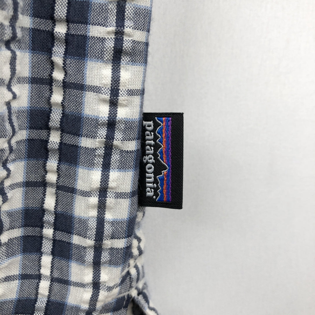 Patagonia 53004SP18 Packerwear Shirt, Seersucker Check Pattern, Short Sleeve Polyester Shirt, Boxy Shirt, Men's Size M (approx.) polyester navy blue type Vintage Second Hand