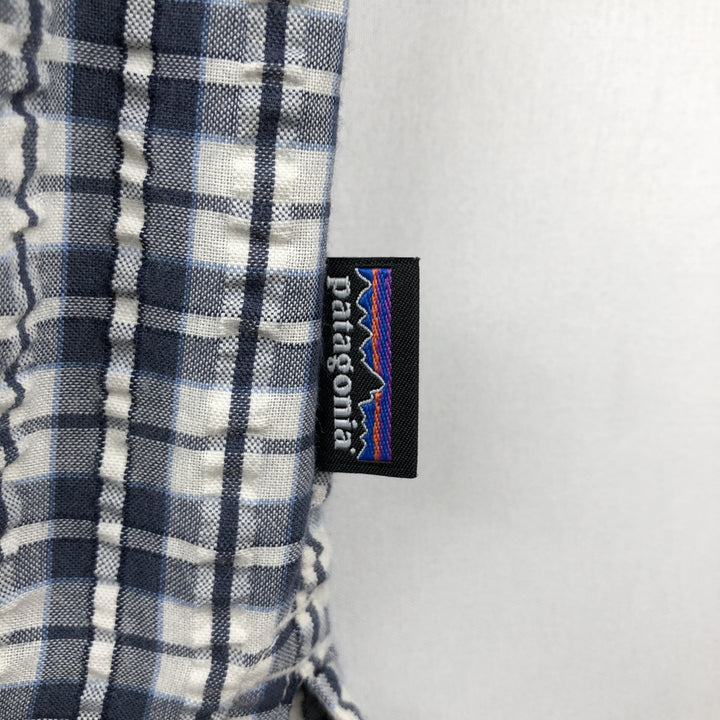 Patagonia 53004SP18 Packerwear Shirt, Seersucker Check Pattern, Short Sleeve Polyester Shirt, Boxy Shirt, Men's Size M (approx.) polyester navy blue type Vintage Second Hand