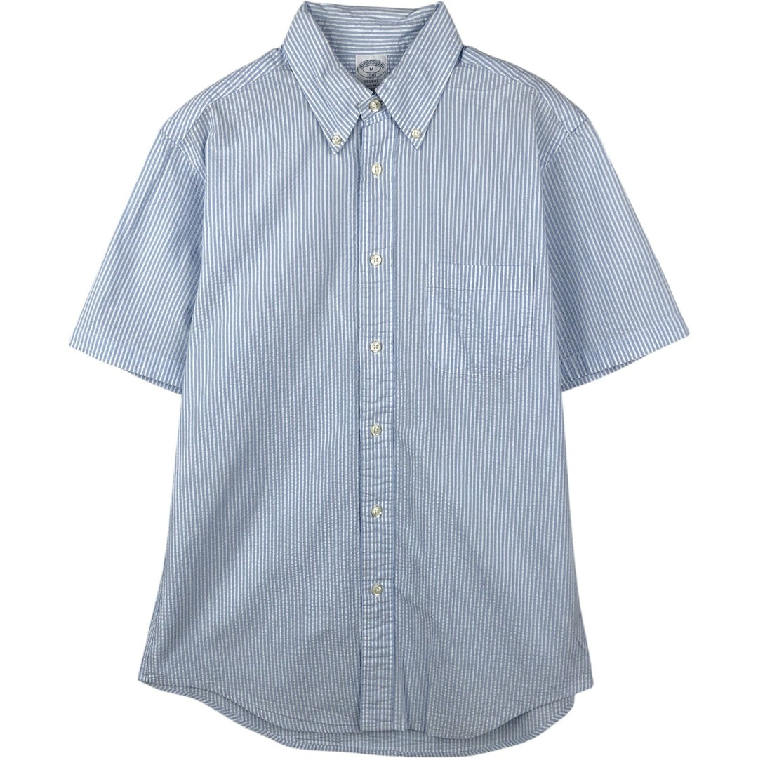 Brooks Brothers 1818 REGENT Seersucker Short-Sleeve Button-Down Striped Shirt, Men's Size M (approx.) cotton Blue type light blue Vintage Second Hand