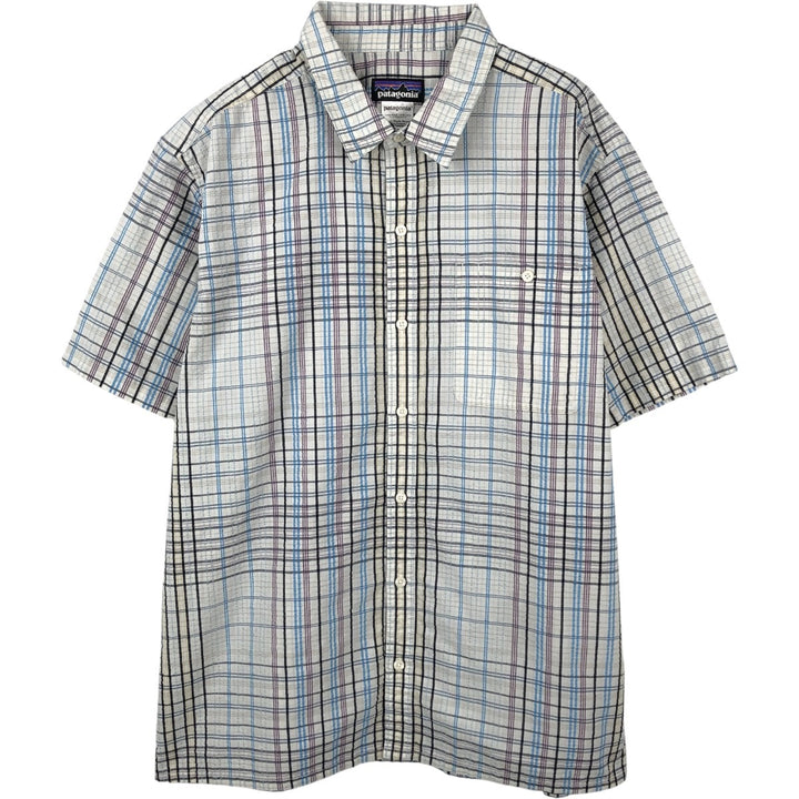 Patagonia 53004SP15 Packerwear Shirt, Check Pattern, Seersucker, Short Sleeve, Polyester Shirt, Boxy Shirt, Men's XL Equivalent polyester white type Vintage Second Hand