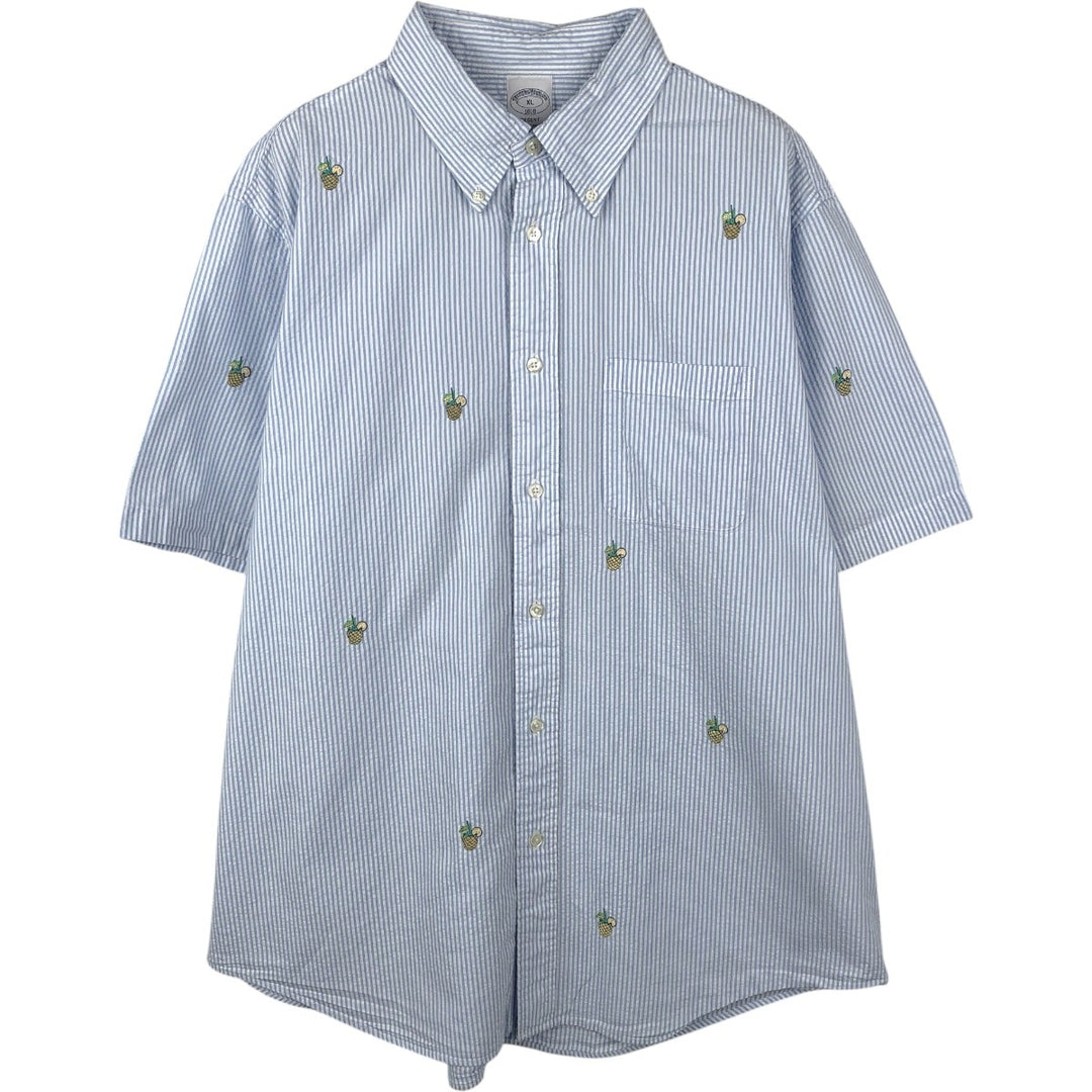 Brooks Brothers 1818 REGENT All-over print seersucker short-sleeve button-down striped shirt, men's size XL (approx.) cotton Blue type light blue Vintage Second Hand