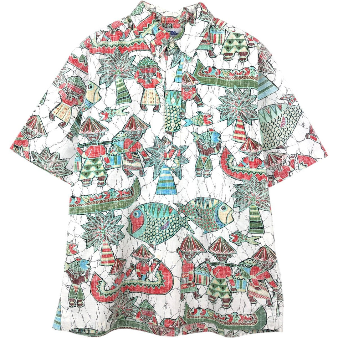 90'S Reyn Spooner swimwear tag, bikini tag, all-over print, button-down, half-button, Hawaiian Aloha shirt, boxy shirt. cotton white type Vintage Second Hand