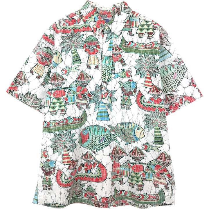90'S Reyn Spooner swimwear tag, bikini tag, all-over print, button-down, half-button, Hawaiian Aloha shirt, boxy shirt. cotton white type Vintage Second Hand