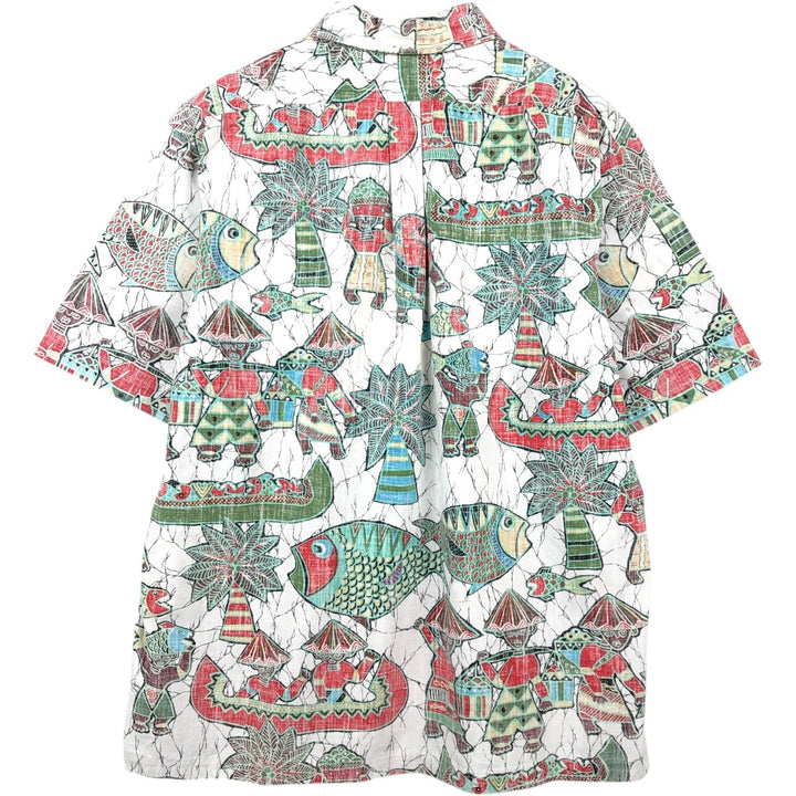 90'S Reyn Spooner swimwear tag, bikini tag, all-over print, button-down, half-button, Hawaiian Aloha shirt, boxy shirt. cotton white type Vintage Second Hand