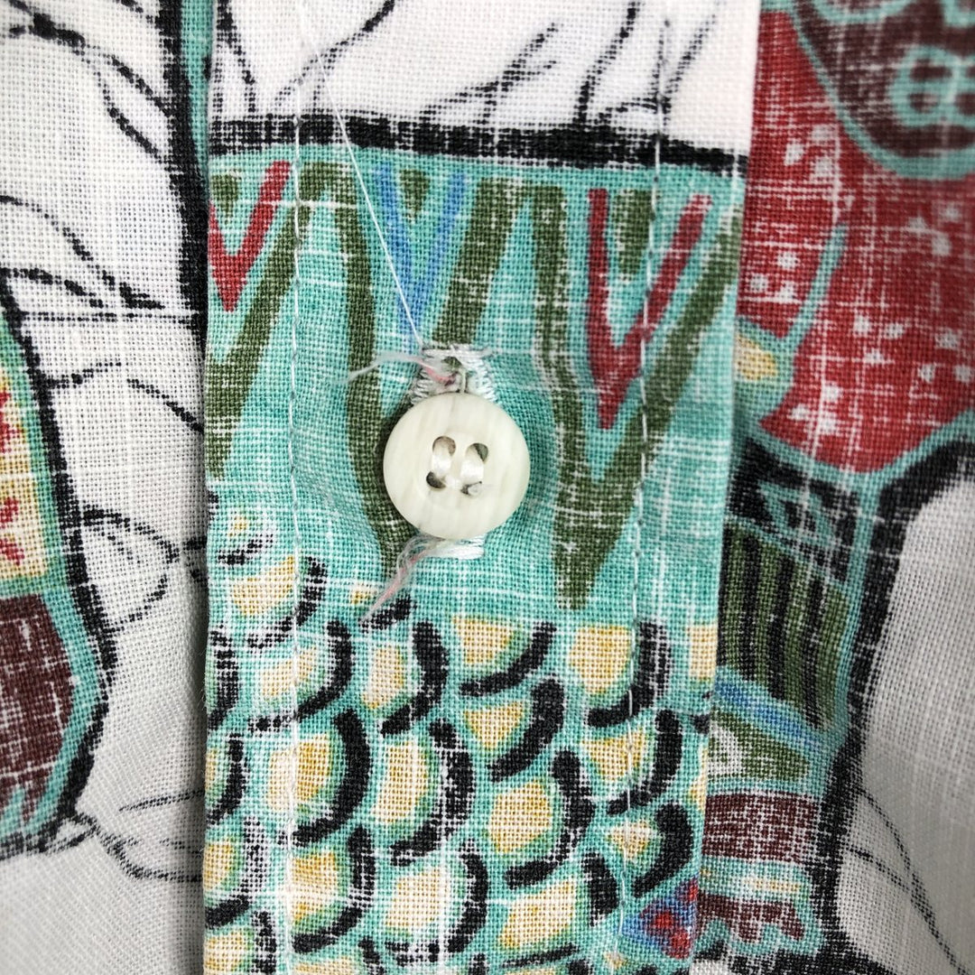 90'S Reyn Spooner swimwear tag, bikini tag, all-over print, button-down, half-button, Hawaiian Aloha shirt, boxy shirt. cotton white type Vintage Second Hand