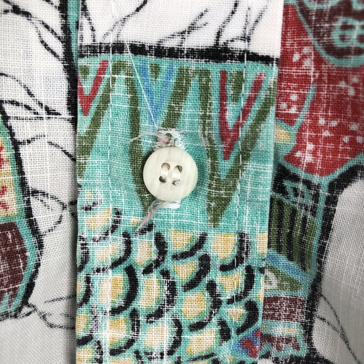 90'S Reyn Spooner swimwear tag, bikini tag, all-over print, button-down, half-button, Hawaiian Aloha shirt, boxy shirt. cotton white type Vintage Second Hand