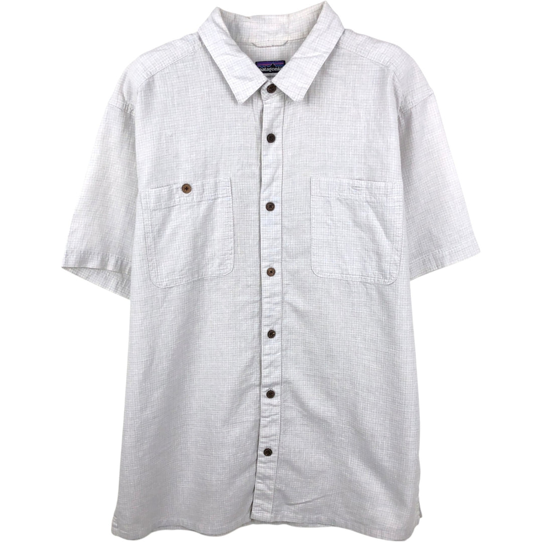 Patagonia 53138SP13 Check Pattern Short-Sleeve Open Collar Organic Cotton x Linen Shirt, Boxy Shirt, Men's Size L (approx.) Hemp pale white type Vintage Second Hand