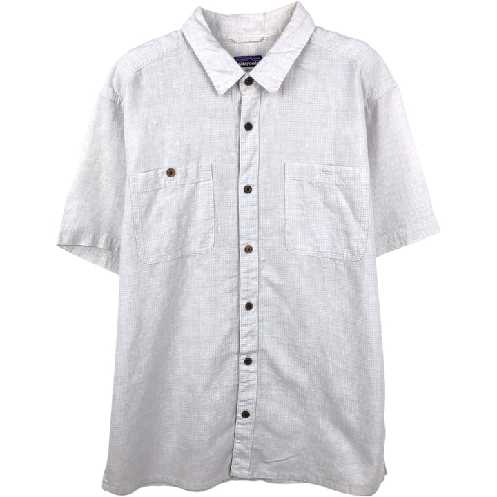 Patagonia 53138SP13 Check Pattern Short-Sleeve Open Collar Organic Cotton x Linen Shirt, Boxy Shirt, Men's Size L (approx.) Hemp pale white type Vintage Second Hand