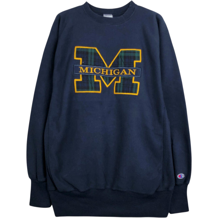 Champion Reverse Weave Embroidered Tag College Sweatshirt, Made in USA, Men's XL Equivalent, University of Michigan cotton navy blue type Vintage Second Hand