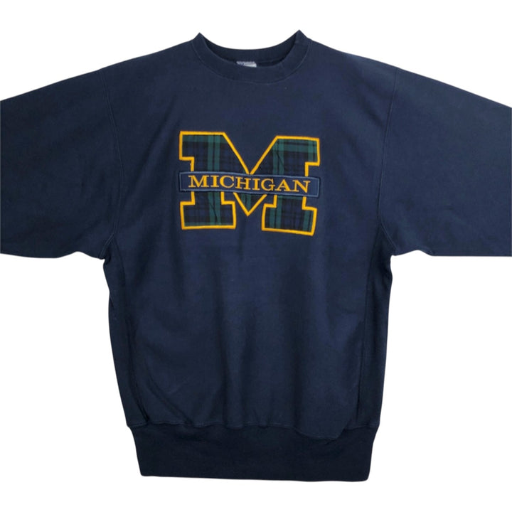 Champion Reverse Weave Embroidered Tag College Sweatshirt, Made in USA, Men's XL Equivalent, University of Michigan cotton navy blue type Vintage Second Hand