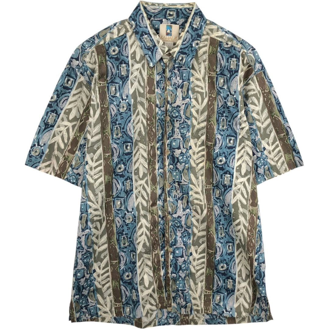 KAHARA All-over Stripe Pattern Hawaiian Aloha Shirt, Boxy Shirt, Made in Hawaii, Men's Size L cotton Khaki type Vintage Second Hand