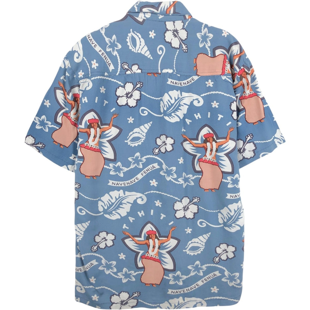 KAHARA All-over print rayon Hawaiian Aloha shirt, boxy style, made in Hawaii, men's size S. Rayon blue type Vintage Second Hand