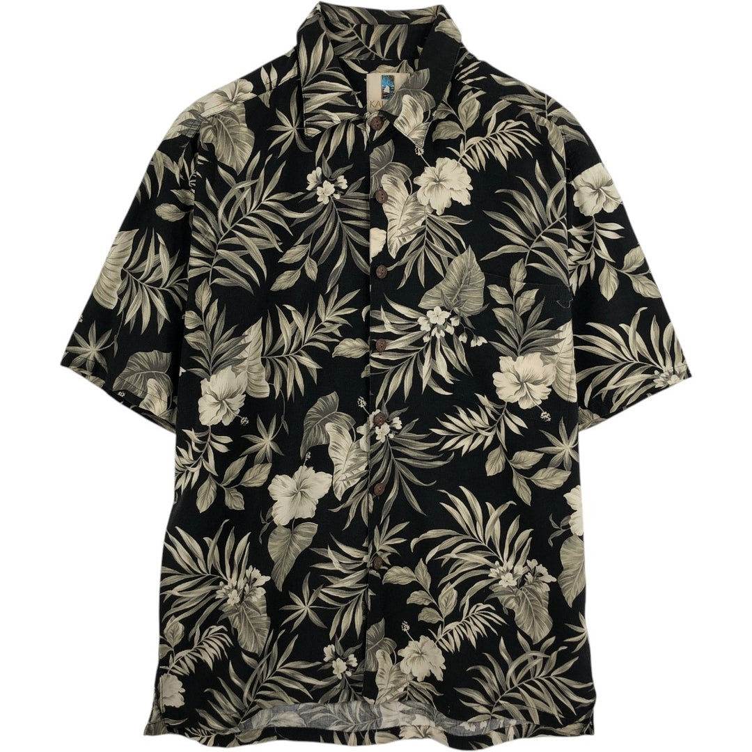 KAHALA All-over Botanical Pattern Hawaiian Aloha Shirt, Boxy Shirt, Made in Hawaii, Men's Size L (approx.) Rayon black type Vintage Second Hand