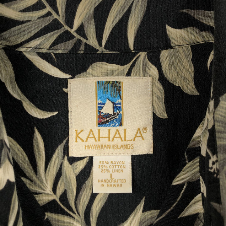 KAHALA All-over Botanical Pattern Hawaiian Aloha Shirt, Boxy Shirt, Made in Hawaii, Men's Size L (approx.) Rayon black type Vintage Second Hand