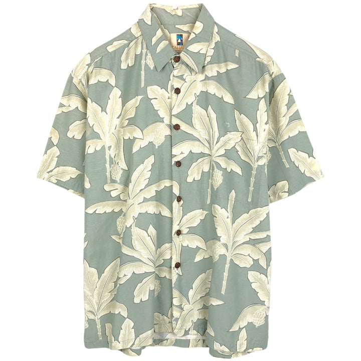 Kahala KAHALA All-over Botanical Pattern Rayon Hawaiian Aloha Shirt, Boxy Shirt, Made in Hawaii, Men's Size L (approx.) Rayon Khaki type sage green Vintage Second Hand