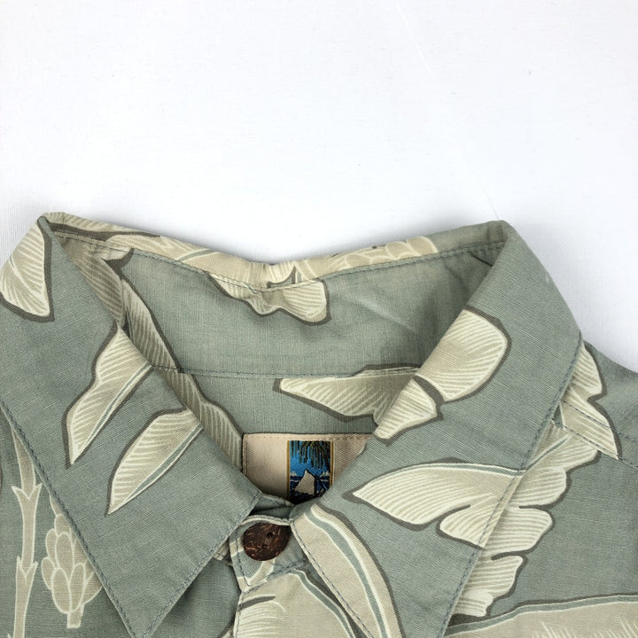 Kahala KAHALA All-over Botanical Pattern Rayon Hawaiian Aloha Shirt, Boxy Shirt, Made in Hawaii, Men's Size L (approx.) Rayon Khaki type sage green Vintage Second Hand