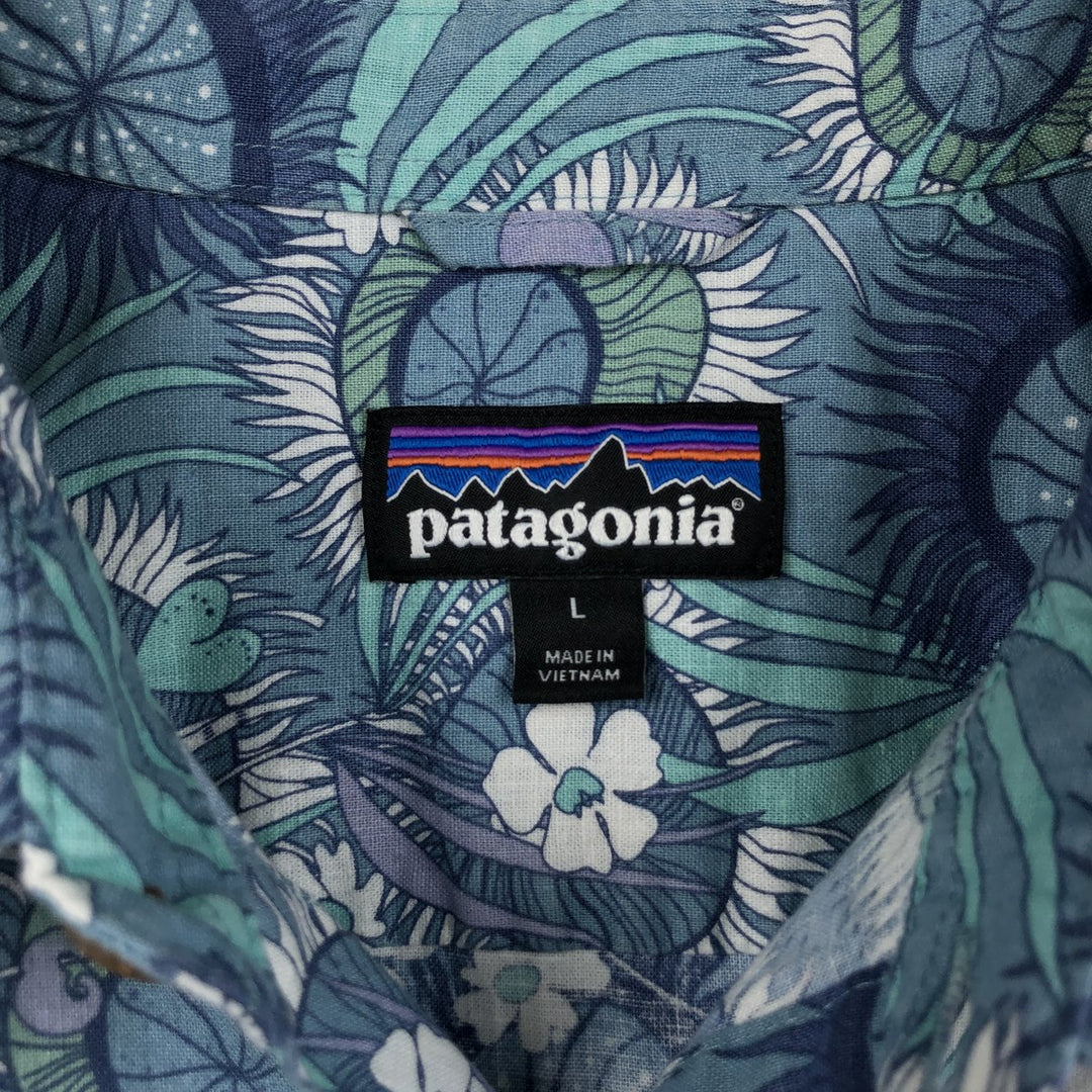 Patagonia Back Step Shirt 53139SP22, all-over print Hawaiian Aloha shirt, boxy shirt, men's size L (approx.) Hemp Emerald green Vintage Second Hand